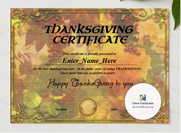 Thanksgiving Employee Appreciation Certificate presented in a sleek wooden frame, elegantly arranged on a stylish table.