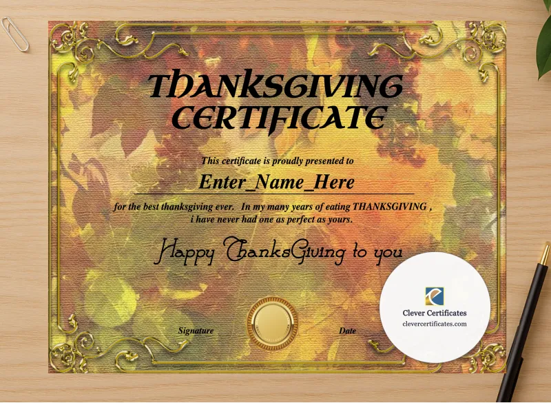 Professional preview of Thanksgiving Employee Appreciation Certificate certificate on high-quality stationery paper, ideal for showcasing the final look.