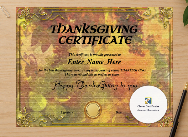 Professional preview of Thanksgiving Employee Appreciation Certificate certificate on high-quality stationery paper, ideal for showcasing the final look.