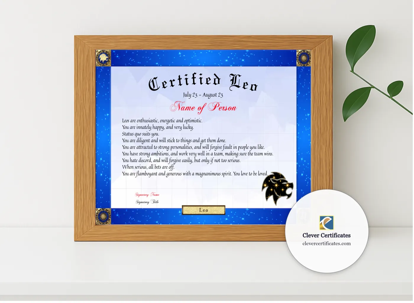 Realistic mockup featuring Certified Leo Award displayed within a modern frame, set against a minimalistic background.