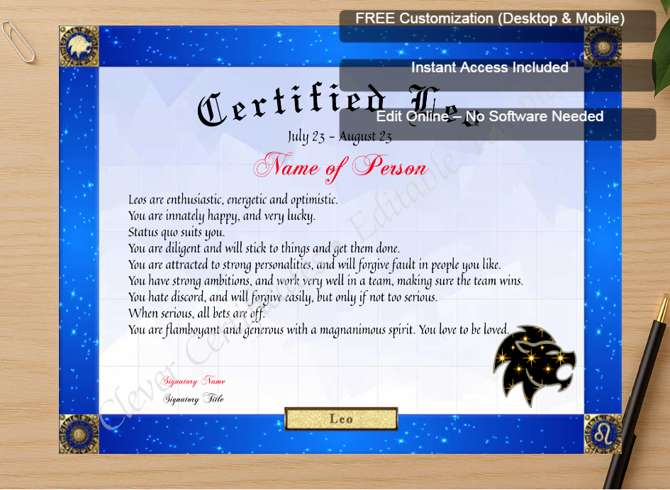 Zoomed preview with Free Editor badge stack for Certified Leo Award