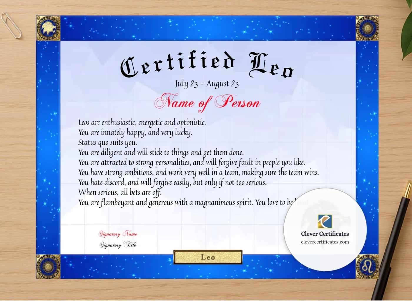 Professional preview of Certified Leo Award certificate on high-quality stationery paper, ideal for showcasing the final look.