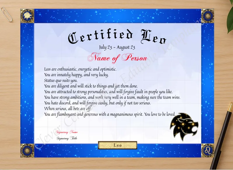 Professional preview of Certified Leo Award certificate on high-quality stationery paper, ideal for showcasing the final look.