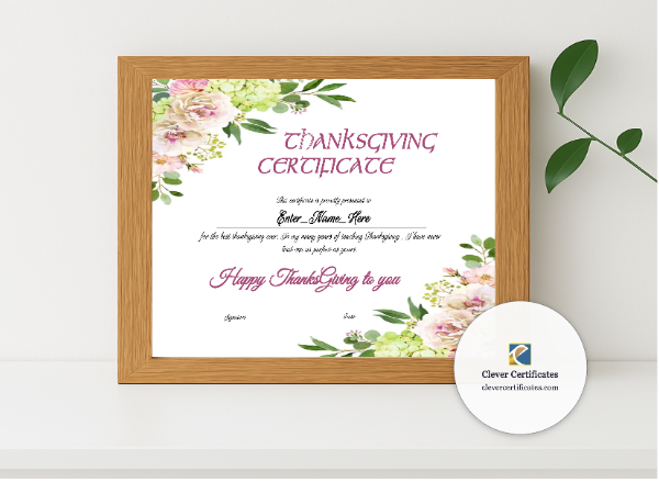 Realistic mockup featuring Thanksgiving Teacher Appreciation Certificate displayed within a modern frame, set against a minimalistic background.