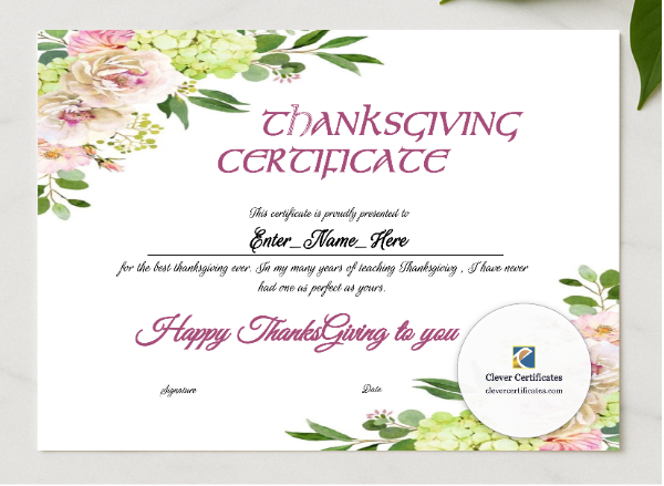 Thanksgiving Teacher Appreciation Certificate presented in a sleek wooden frame, elegantly arranged on a stylish table.