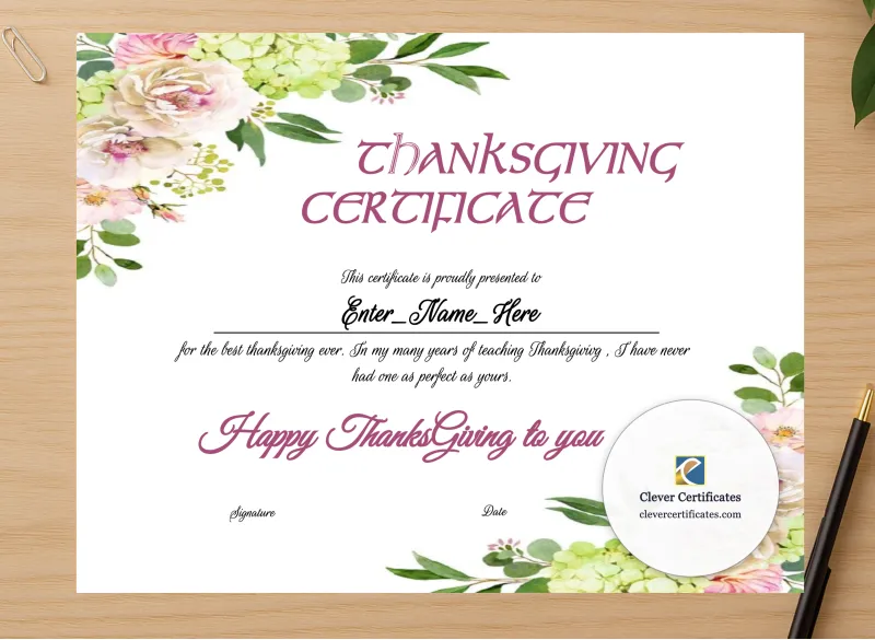 Professional preview of Thanksgiving Teacher Appreciation Certificate certificate on high-quality stationery paper, ideal for showcasing the final look.