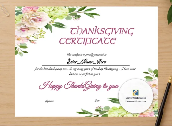 Professional preview of Thanksgiving Teacher Appreciation Certificate certificate on high-quality stationery paper, ideal for showcasing the final look.