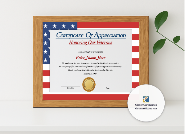Realistic mockup featuring Veterans Day Appreciation Certificate displayed within a modern frame, set against a minimalistic background.