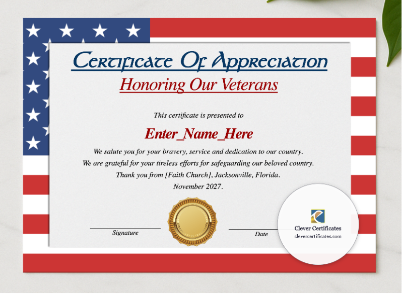 Veterans Day Appreciation Certificate presented in a sleek wooden frame, elegantly arranged on a stylish table.