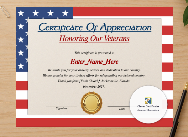 Professional preview of Veterans Day Appreciation Certificate certificate on high-quality stationery paper, ideal for showcasing the final look.