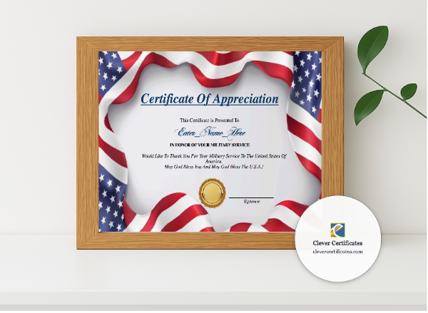 Realistic mockup featuring Military Service Recognition Certificate displayed within a modern frame, set against a minimalistic background.