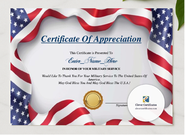 Military Service Recognition Certificate presented in a sleek wooden frame, elegantly arranged on a stylish table.