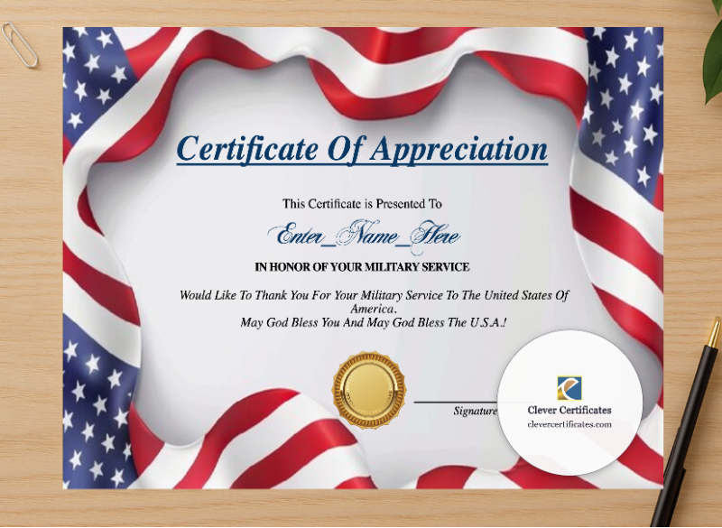Professional preview of Military Service Recognition Certificate certificate on high-quality stationery paper, ideal for showcasing the final look.