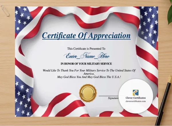 Professional preview of Military Service Recognition Certificate certificate on high-quality stationery paper, ideal for showcasing the final look.