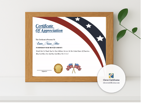 Realistic mockup featuring Certificate Of Military Appreciation  displayed within a modern frame, set against a minimalistic background.