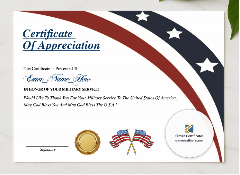 Certificate Of Military Appreciation  presented in a sleek wooden frame, elegantly arranged on a stylish table.