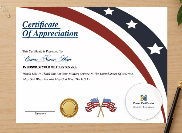 Professional preview of Certificate Of Military Appreciation  certificate on high-quality stationery paper, ideal for showcasing the final look.