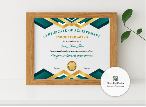Realistic mockup featuring Year End Recognition Certificate displayed within a modern frame, set against a minimalistic background.