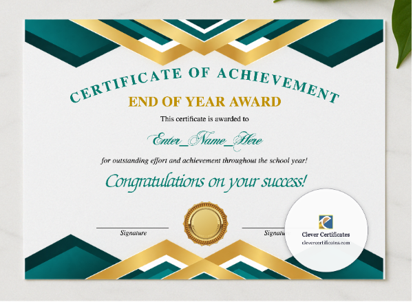 Year End Recognition Certificate presented in a sleek wooden frame, elegantly arranged on a stylish table.
