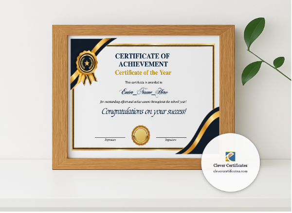 Realistic mockup featuring Certificate Of The Year displayed within a modern frame, set against a minimalistic background.
