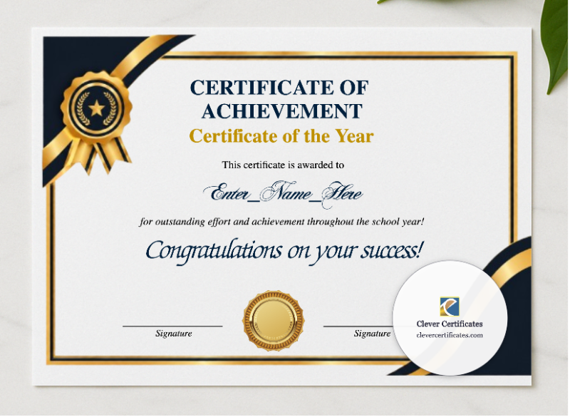 Certificate Of The Year presented in a sleek wooden frame, elegantly arranged on a stylish table.