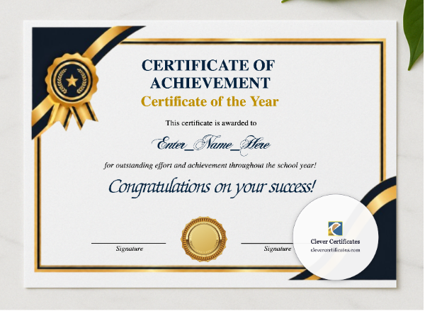 Certificate Of The Year presented in a sleek wooden frame, elegantly arranged on a stylish table.