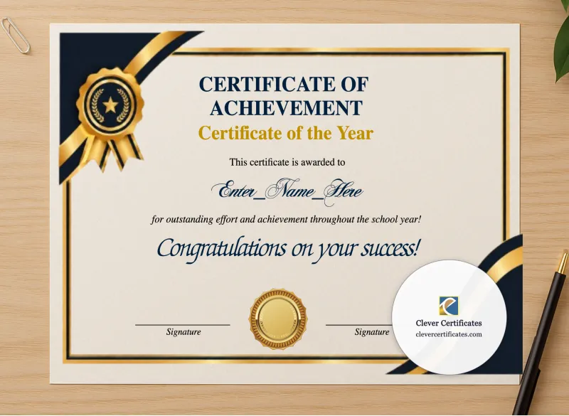Professional preview of Certificate Of The Year certificate on high-quality stationery paper, ideal for showcasing the final look.
