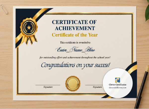Professional preview of Certificate Of The Year certificate on high-quality stationery paper, ideal for showcasing the final look.