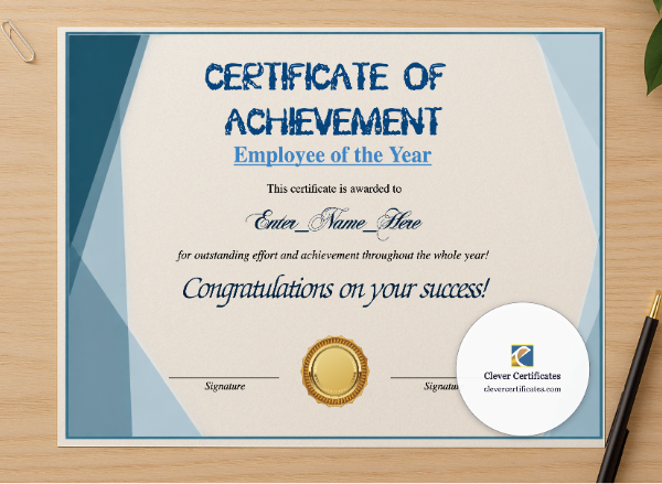 Professional preview of New Year Employee Award certificate on high-quality stationery paper, ideal for showcasing the final look.