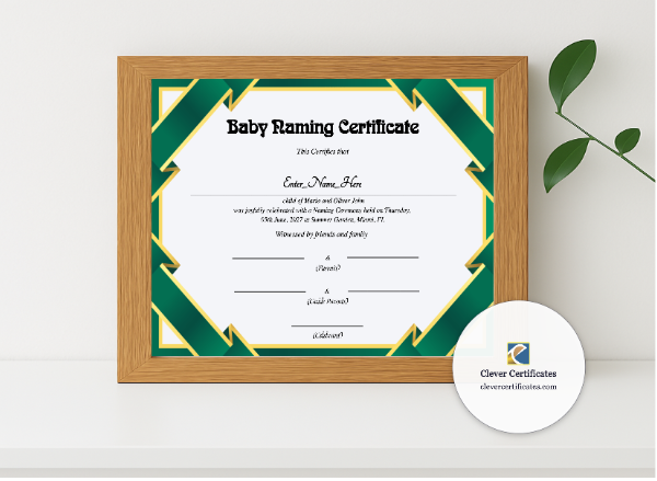 Realistic mockup featuring New Jersey Baby Naming Certificate displayed within a modern frame, set against a minimalistic background.