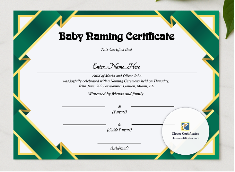 New Jersey Baby Naming Certificate presented in a sleek wooden frame, elegantly arranged on a stylish table.