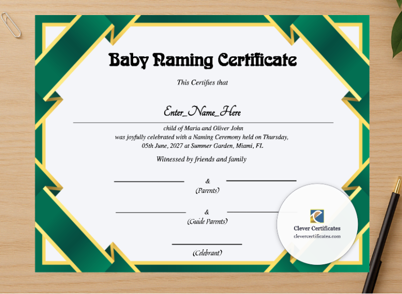 Professional preview of New Jersey Baby Naming Certificate certificate on high-quality stationery paper, ideal for showcasing the final look.