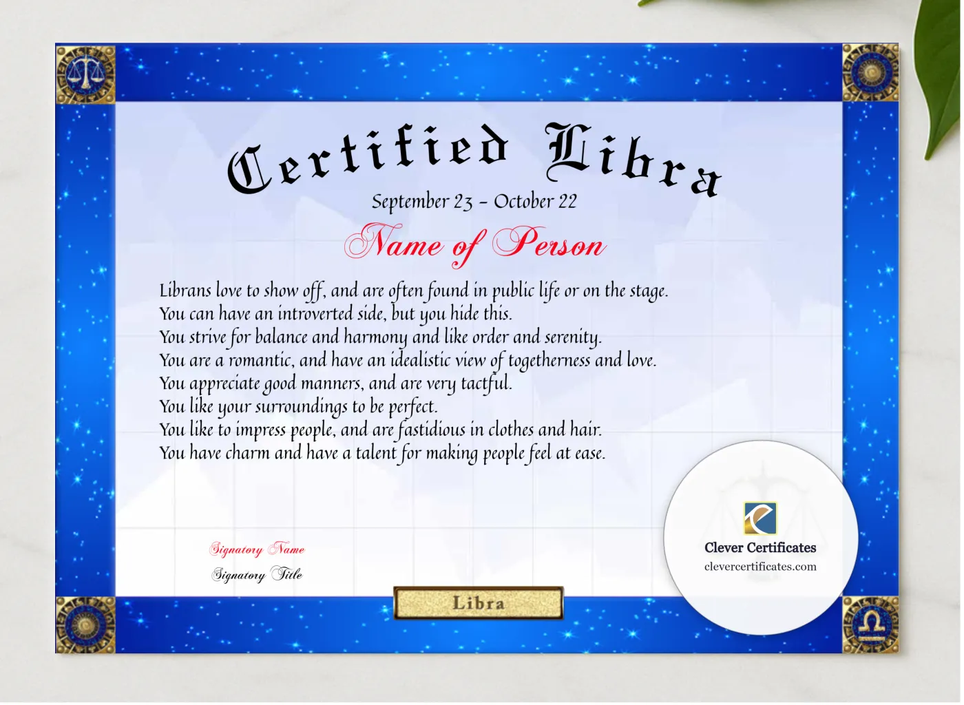 Certified Libra Award presented in a sleek wooden frame, elegantly arranged on a stylish table.