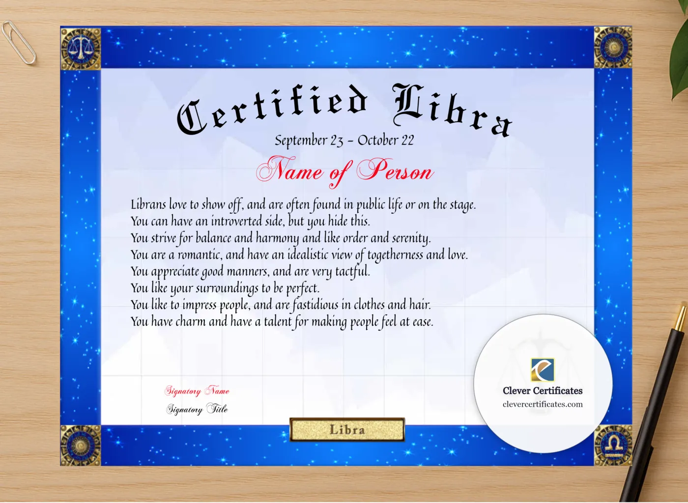 Professional preview of Certified Libra Award certificate on high-quality stationery paper, ideal for showcasing the final look.