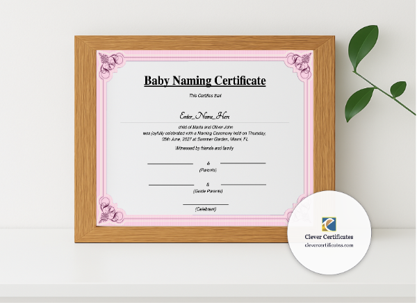Realistic mockup featuring Virginia Baby Naming Certificate displayed within a modern frame, set against a minimalistic background.