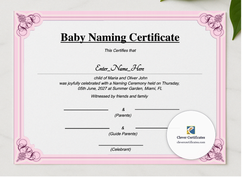 Virginia Baby Naming Certificate presented in a sleek wooden frame, elegantly arranged on a stylish table.