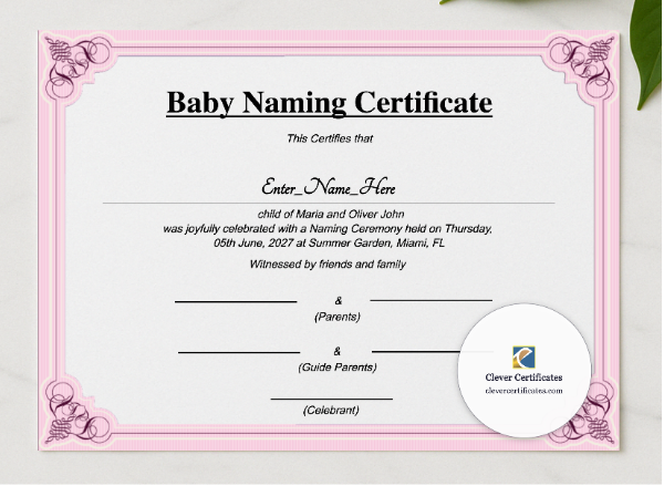 Virginia Baby Naming Certificate presented in a sleek wooden frame, elegantly arranged on a stylish table.