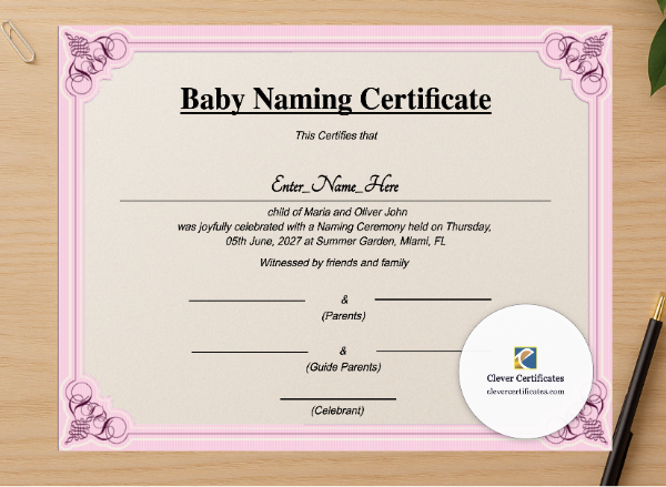 Professional preview of Virginia Baby Naming Certificate certificate on high-quality stationery paper, ideal for showcasing the final look.