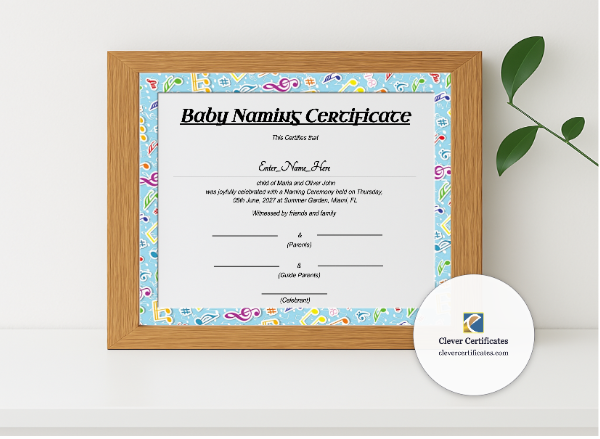 Realistic mockup featuring Washington Baby Naming Certificate displayed within a modern frame, set against a minimalistic background.