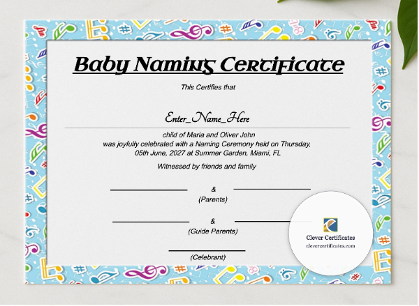 Washington Baby Naming Certificate presented in a sleek wooden frame, elegantly arranged on a stylish table.