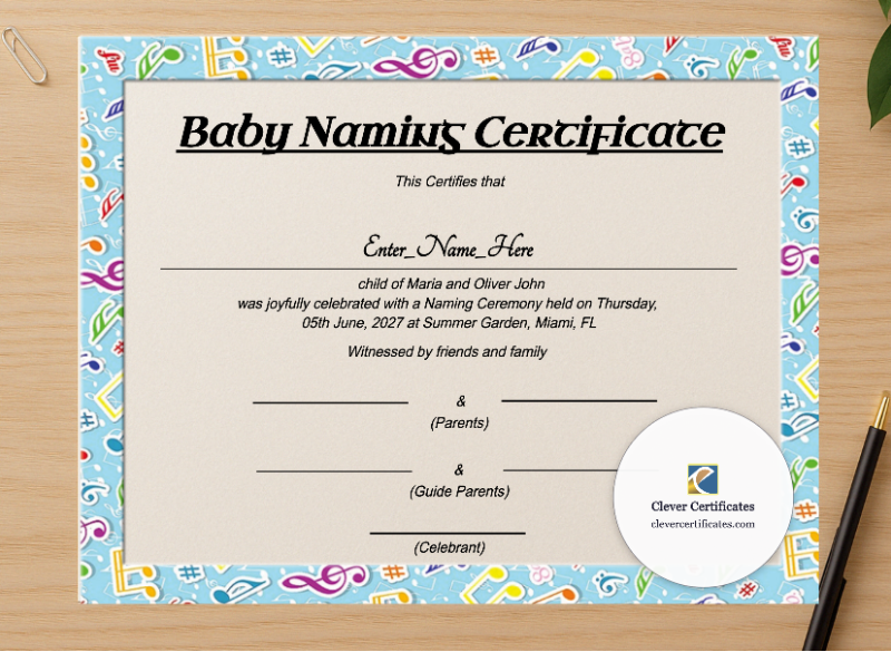 Professional preview of Washington Baby Naming Certificate certificate on high-quality stationery paper, ideal for showcasing the final look.