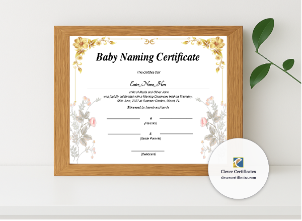 Realistic mockup featuring Arizona Baby Naming Certificate displayed within a modern frame, set against a minimalistic background.