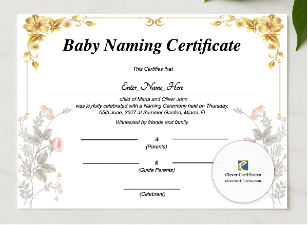 Arizona Baby Naming Certificate presented in a sleek wooden frame, elegantly arranged on a stylish table.