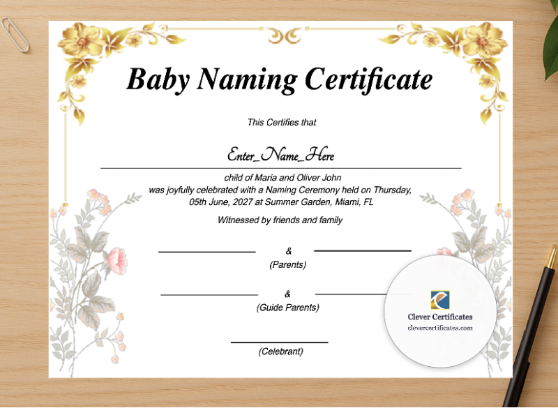 Professional preview of Arizona Baby Naming Certificate certificate on high-quality stationery paper, ideal for showcasing the final look.