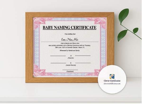 Realistic mockup featuring Massachusetts Baby Naming Certificate displayed within a modern frame, set against a minimalistic background.