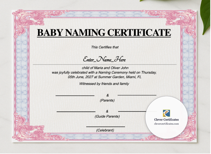 Massachusetts Baby Naming Certificate presented in a sleek wooden frame, elegantly arranged on a stylish table.