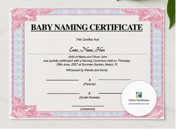 Massachusetts Baby Naming Certificate presented in a sleek wooden frame, elegantly arranged on a stylish table.