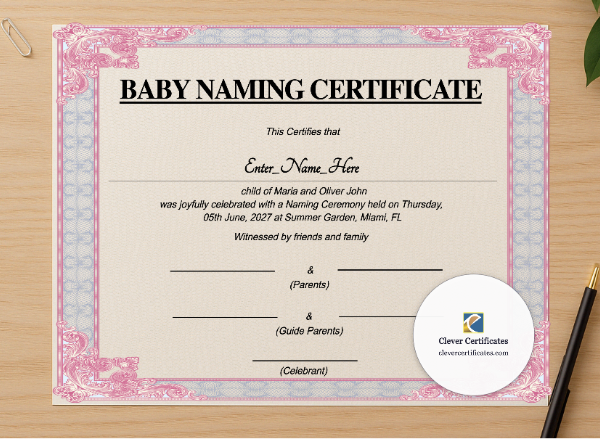 Professional preview of Massachusetts Baby Naming Certificate certificate on high-quality stationery paper, ideal for showcasing the final look.