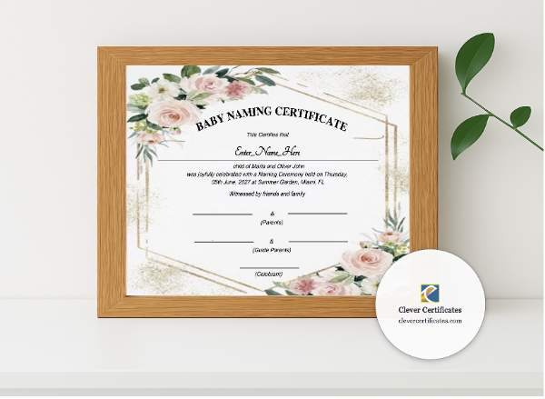 Realistic mockup featuring Tennessee Baby Naming Certificate displayed within a modern frame, set against a minimalistic background.