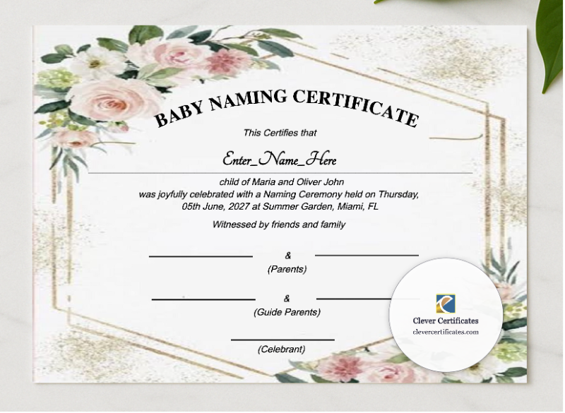 Tennessee Baby Naming Certificate presented in a sleek wooden frame, elegantly arranged on a stylish table.